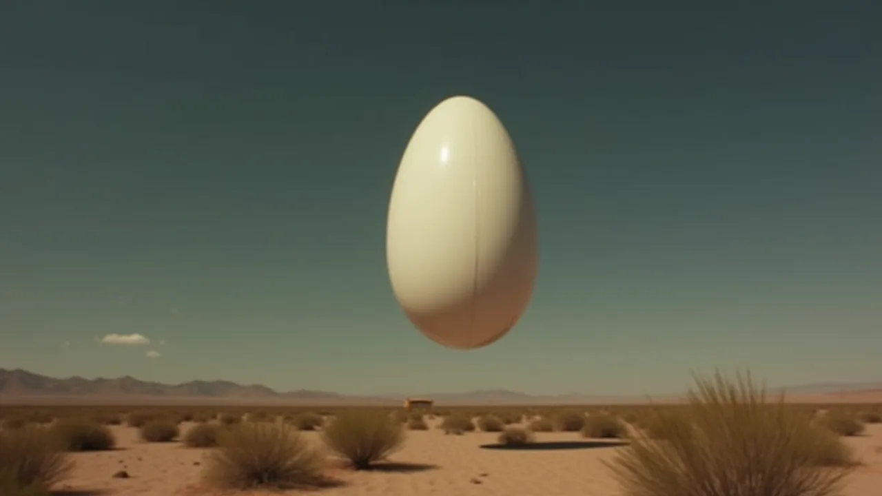 AI illustration of the Skywatcher "Egg" class: a glossy seamless white egg-shaped craft hovering and spinning just above the ground