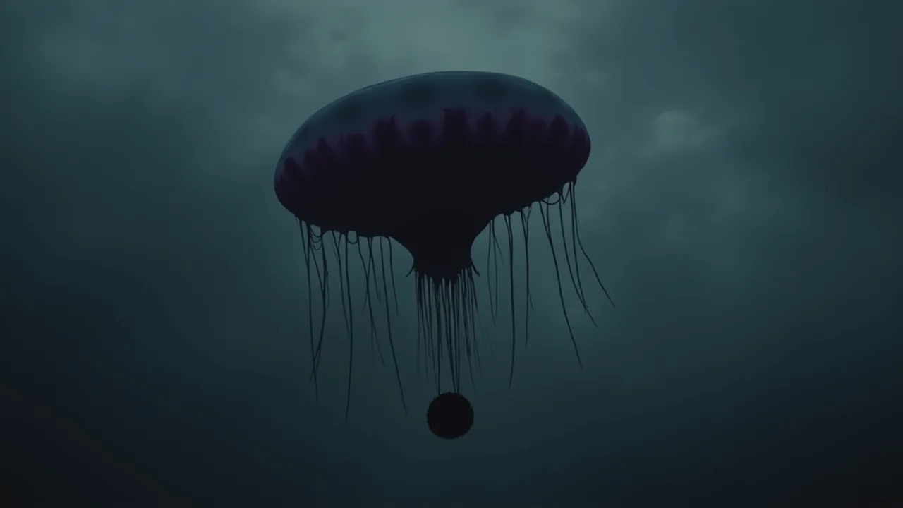 AI illustration of the Skywatcher "Hornet" class: a larger dark jellyfish-like object carrying a dense object slung beneath it