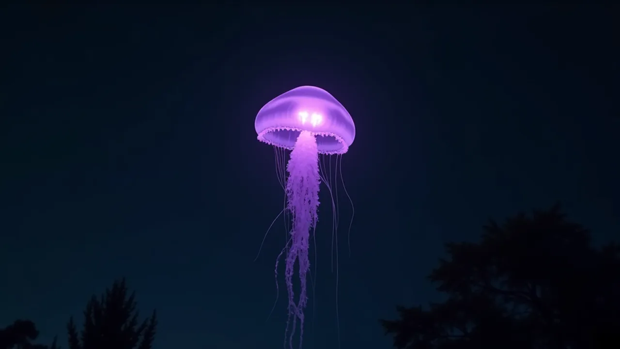 AI illustration of the Skywatcher "Jellyfish" class: a translucent purple-and-black bell-shaped object with long glowing tendrils drifting through dim air
