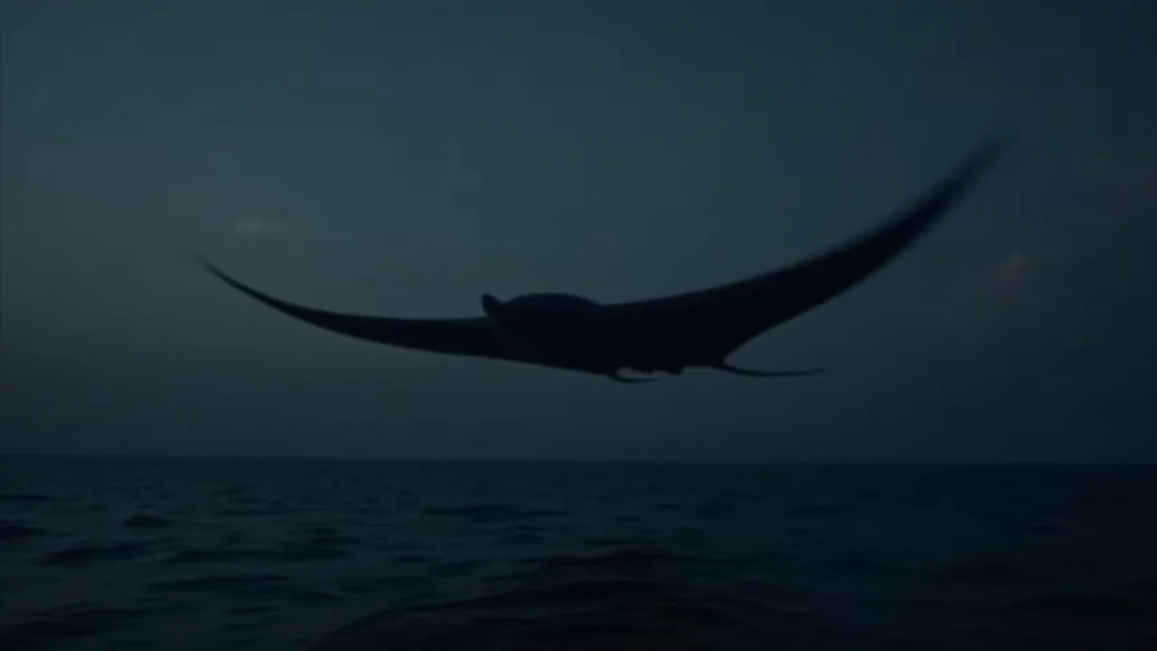 AI illustration of the Skywatcher "Manta Ray" class: a dark gray flat triangular winged craft gliding low over the ocean
