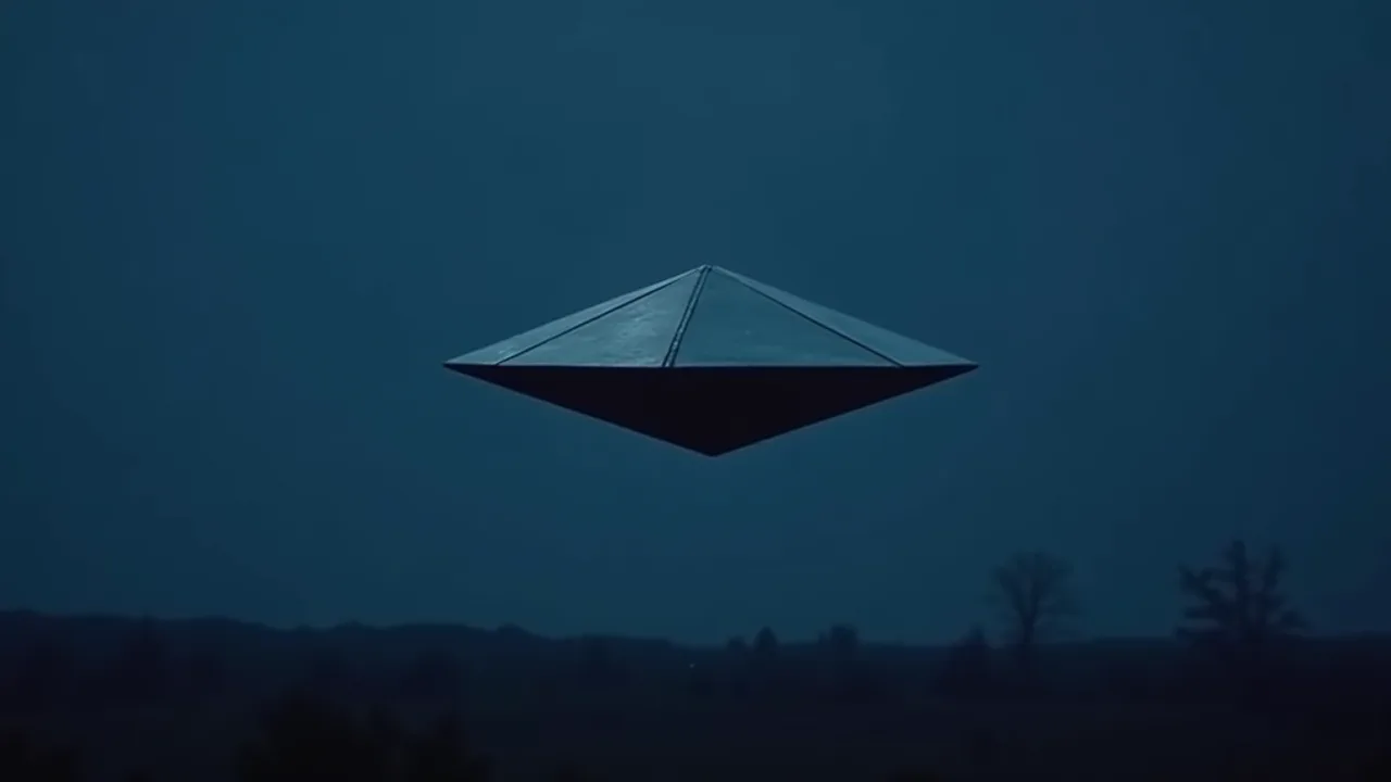 AI illustration of the Skywatcher "Tetra" class: a silver four-sided pyramid craft hovering motionless against a dusk sky