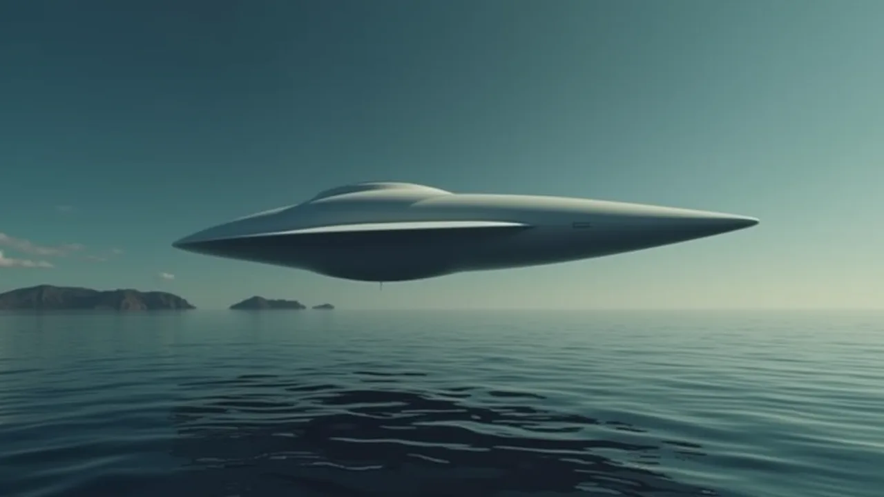 AI illustration of the Skywatcher "Tic Tac" class: a smooth featureless white lozenge-shaped craft hovering over the ocean