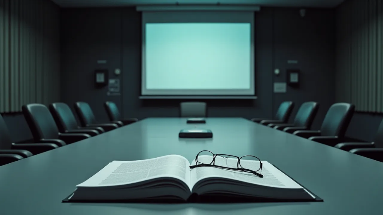 An empty Pentagon briefing room at dusk, a thick bound annual report lying closed on a long grey conference table beside a folded pair of reading glas