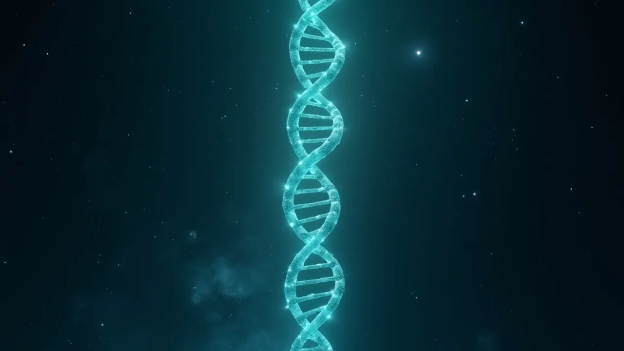A glowing DNA double helix against a starfield with one segment rendered in alien teal as if spliced in, floating chromosome diagrams and genomic data, AI illustration