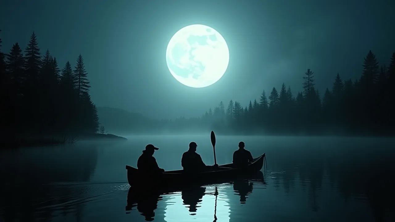Four canoeists on a still black lake at night deep in the Maine wilderness, an enormous silent glowing sphere of light hovering above the pine trees c