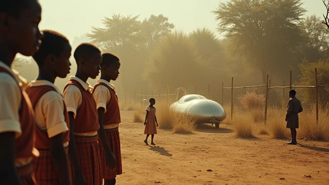 African schoolchildren in uniform at the edge of a sunlit rural playground staring at a small silver craft among scrubland trees in the distance