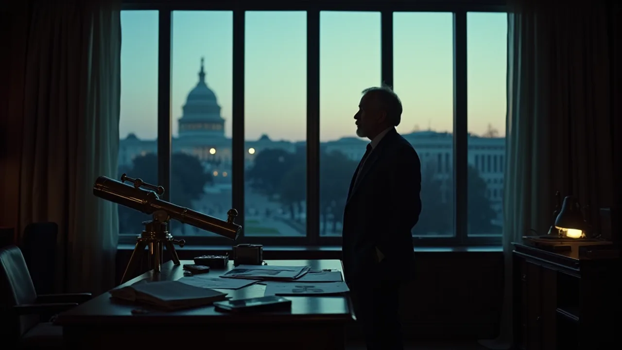 A distinguished astrophysicist standing thoughtfully at a tall window at dusk in a dim government office, the US Capitol faintly visible outside, a br