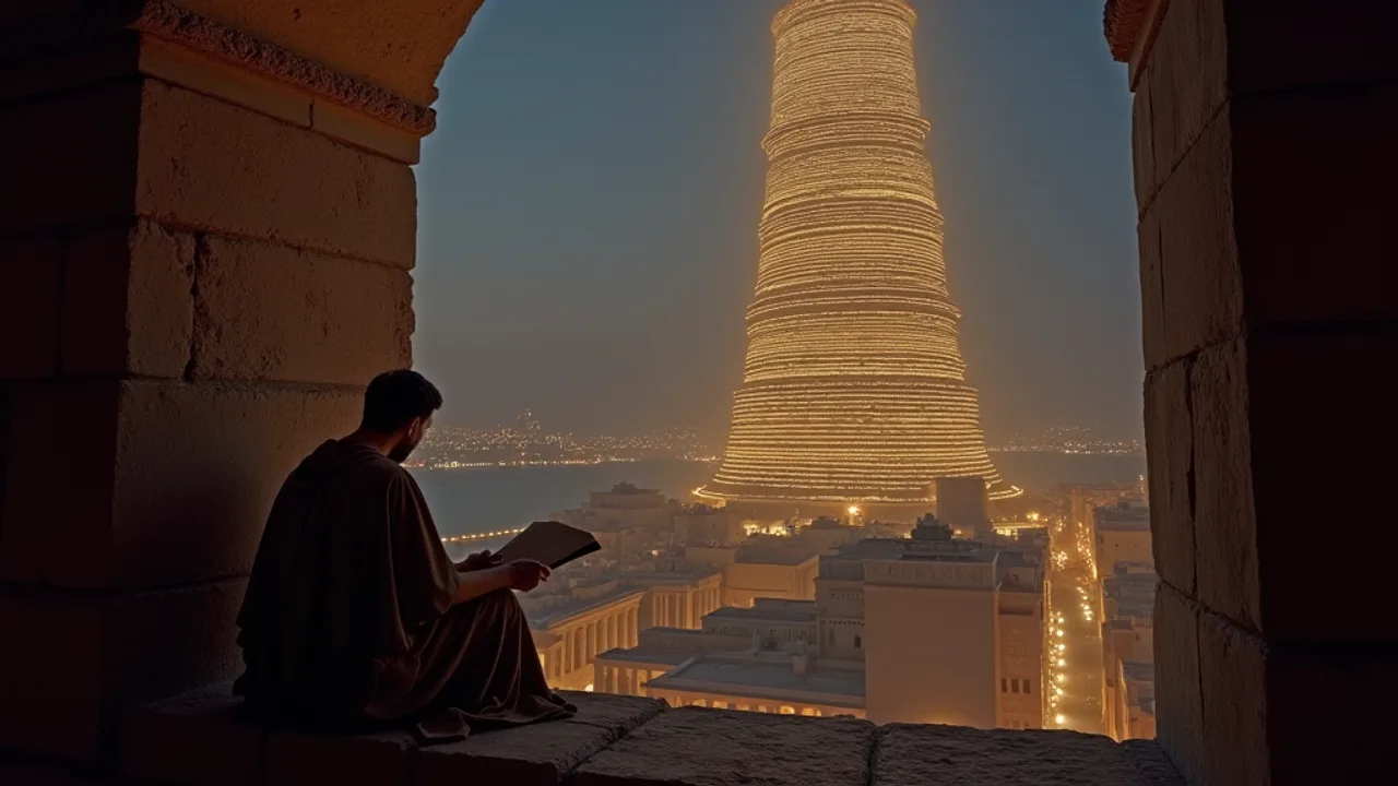 A robed teacher seated in silhouette at a high stone window over ancient Alexandria at dusk, a vast stack of luminous layers rising into the sky above the city