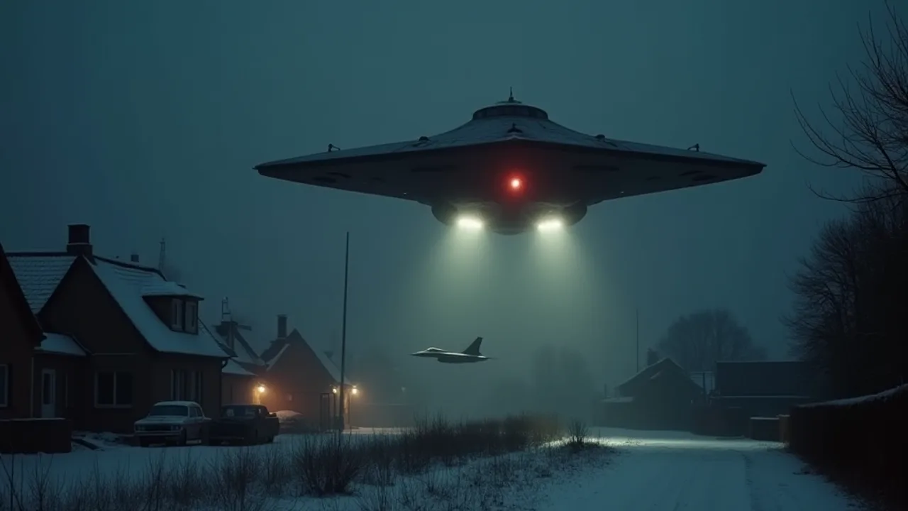 A large black triangular craft with three glowing white lights underneath and a red pulsing light at its center hovering silently over a snowy Belgian