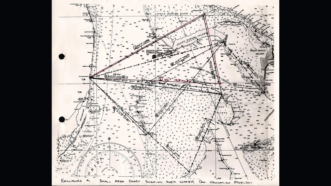 The US Navy chart of Flight 19's Navigation Problem No. 1, the triangular training route flown out of Fort Lauderdale on 5 December 1945