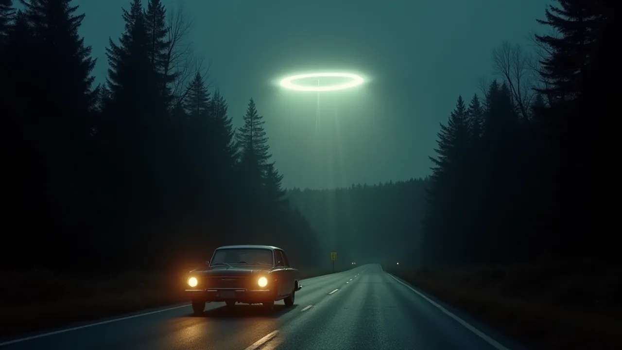 A 1961 sedan stopped on a dark rural mountain highway at night with headlights on, a bright disc-shaped light descending through the trees of the New