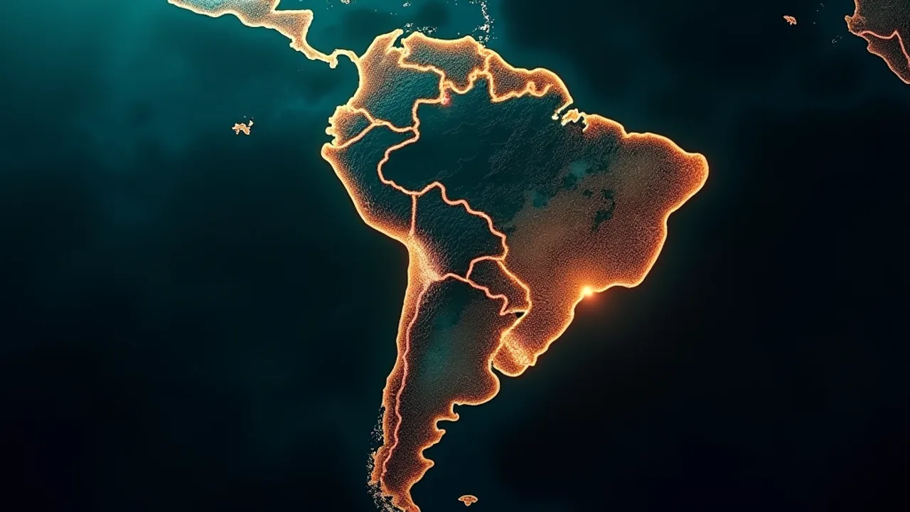 South America rendered as a glowing amber outline on near-black, Brazil picked out in warm light with a single brighter point burning on its southeastern coast