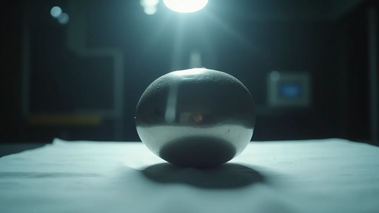 A small seamless brushed-silver metallic sphere the size of a melon with no welds resting on a white cloth under bright examination lights, scientific