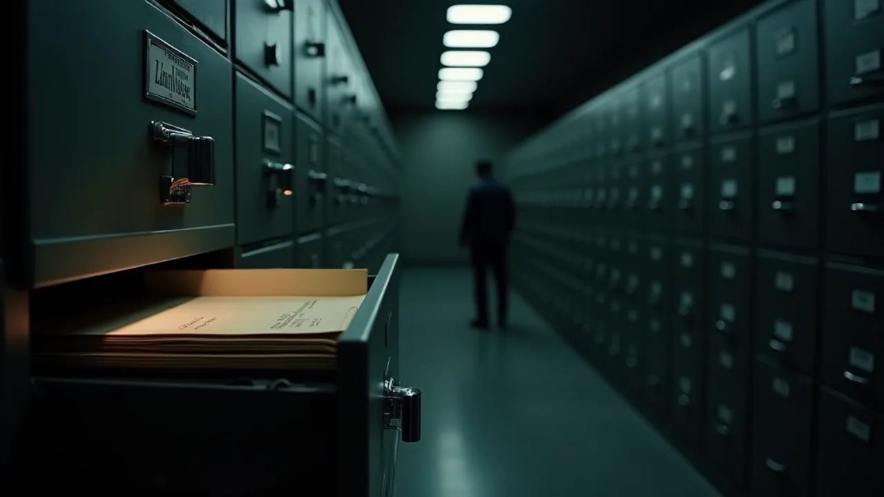 A dim government records archive at night, long rows of grey steel filing cabinets, one drawer pulled open with a single manila folder marked by heavy
