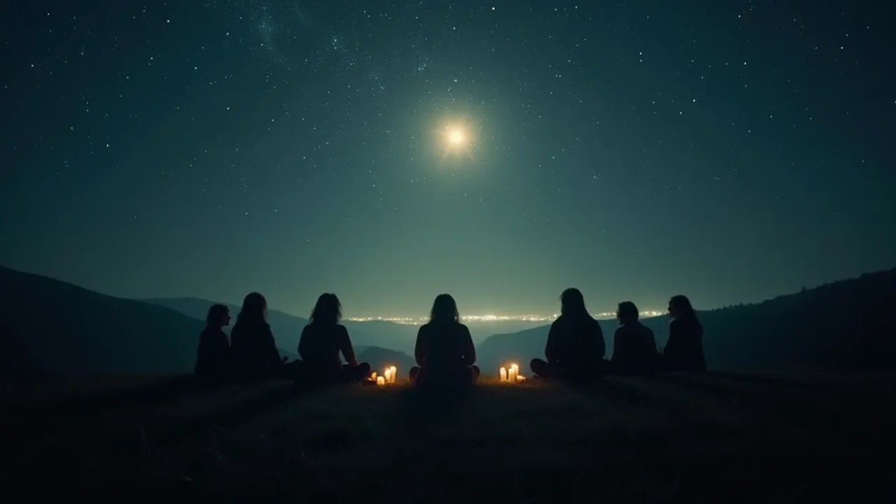 Silhouetted figures sitting in a meditation circle on a dark hilltop under a star-filled sky, faint glowing orbs of light appearing above them in resp