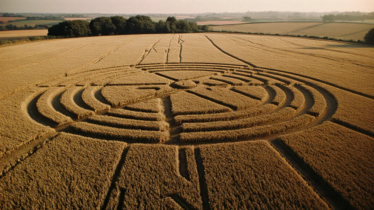 An aerial view of an intricate geometric crop formation pressed into a golden wheat field at dusk, concentric rings and angular glyphs radiating from a central disc