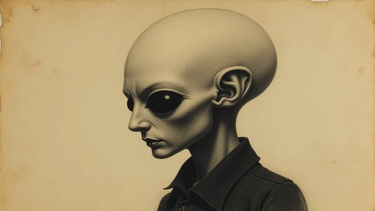 An aged 1918 pencil portrait drawing on yellowed paper of a bald entity with a huge domed head, large dark almond eyes and a small pointed chin, esote