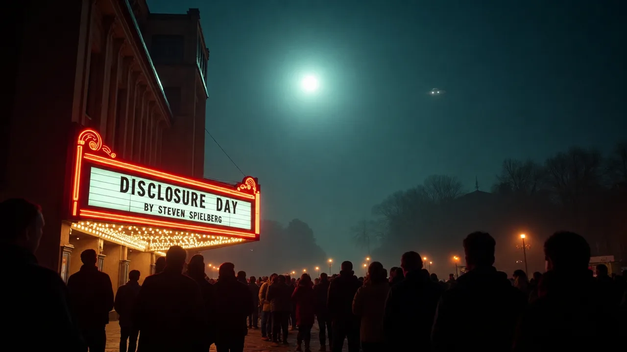 A night crowd outside a theater whose neon marquee reads 'Disclosure Day by Steven Spielberg', with a bright light and a faint disc shape in the misty sky above