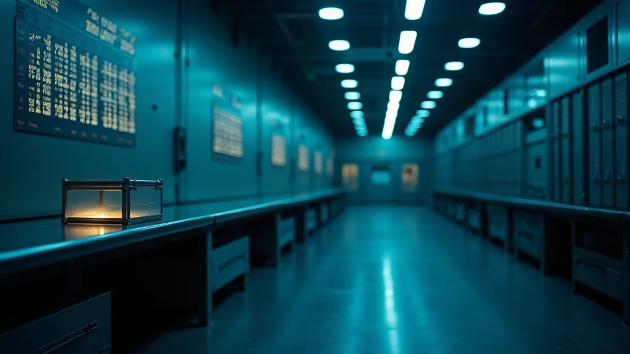 A heavy-ion accelerator hall at night, a long beamline glowing faintly blue and a wall-mounted periodic table with a single box in the superheavy row