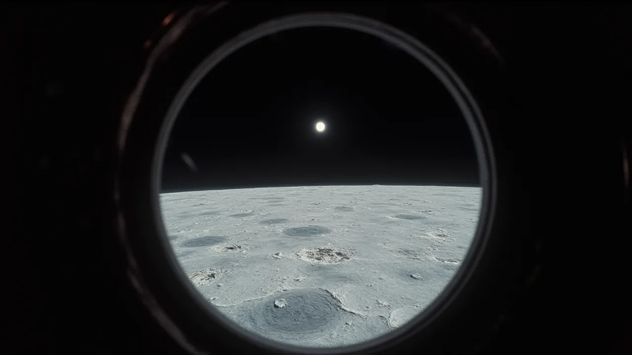 An Apollo era astronaut's view through a lunar module window, the grey cratered Moon below and a distant unexplained bright object against the black o