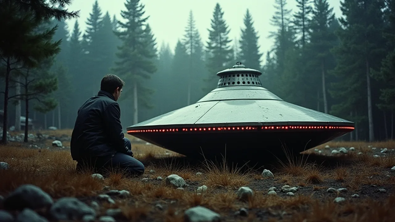 A man kneeling beside a landed metallic saucer-shaped craft in a rocky Canadian forest clearing, a grid of small exhaust vents glowing red hot, scorch