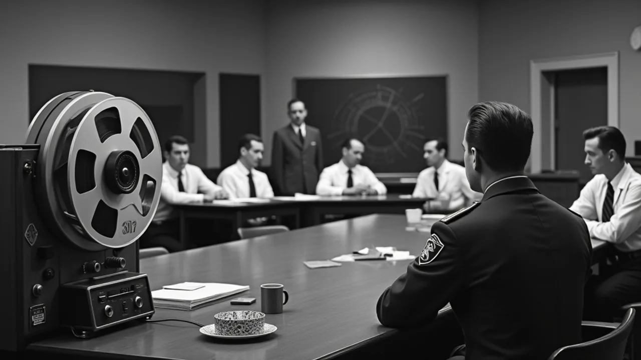 AI illustration: a 1952 briefing room with a reel-to-reel tape recorder on a table and an Air Force officer addressing scientists in shirts and ties