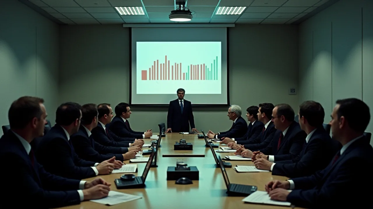 AI illustration: a conference room of people in suits with laptops, a projected bar chart of red and green bars on the wall