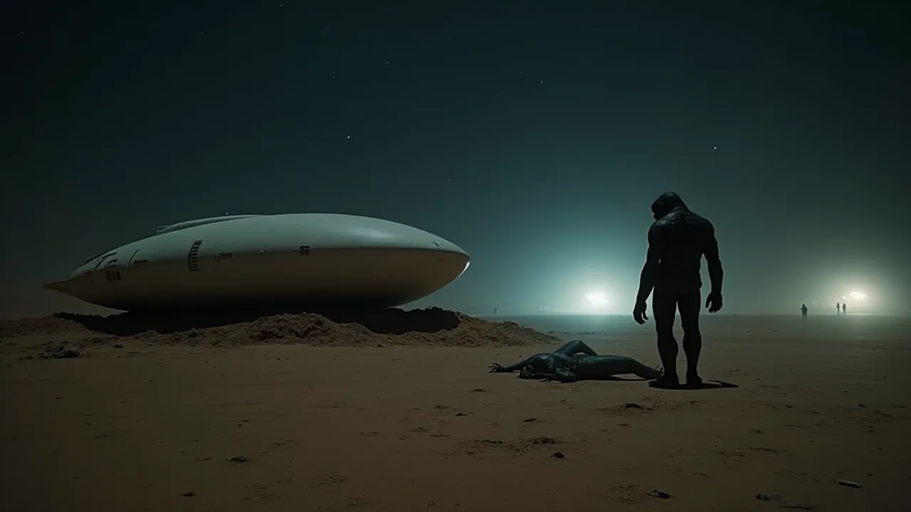 AI reconstruction: a white pill-shaped craft half buried in a desert berm at night, a tall dark upright figure standing over a small body on the sand, floodlights and soldiers far off in the haze