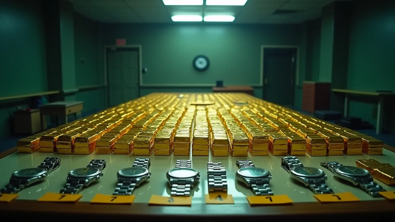 AI illustration: rows of small gold bullion bars on an evidence table, a line of steel wristwatches and yellow evidence markers in front