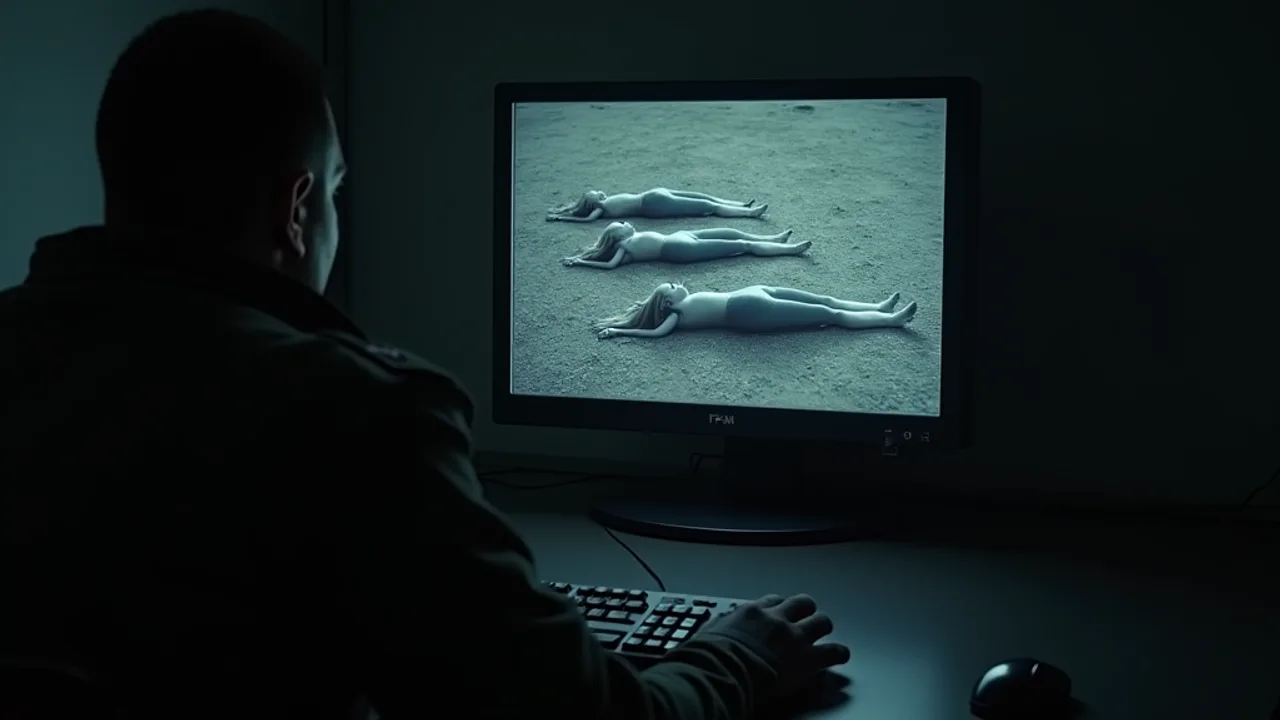 AI illustration: a man in a dark room watching a monitor that shows three pale human-like figures with long hair lying side by side on bare ground