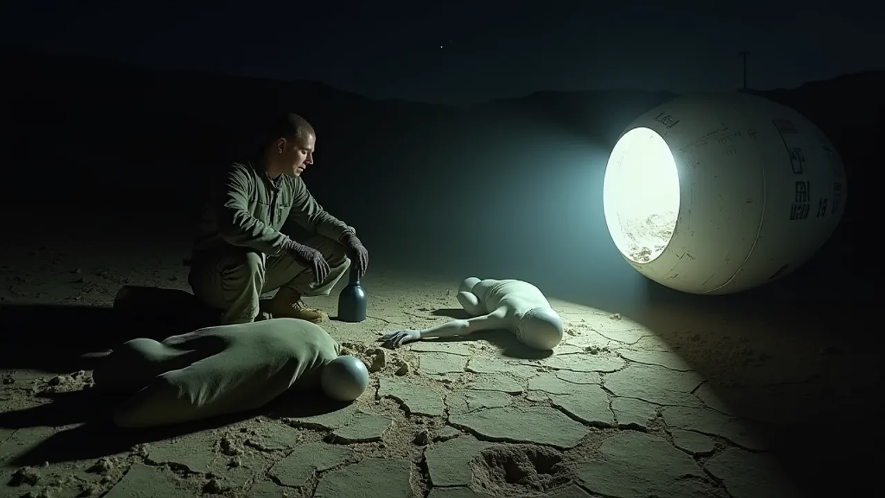 AI reconstruction: two small pale grey bodies, one under an olive tarp, on cracked earth beside a glowing broken white hull, a soldier kneeling beside them