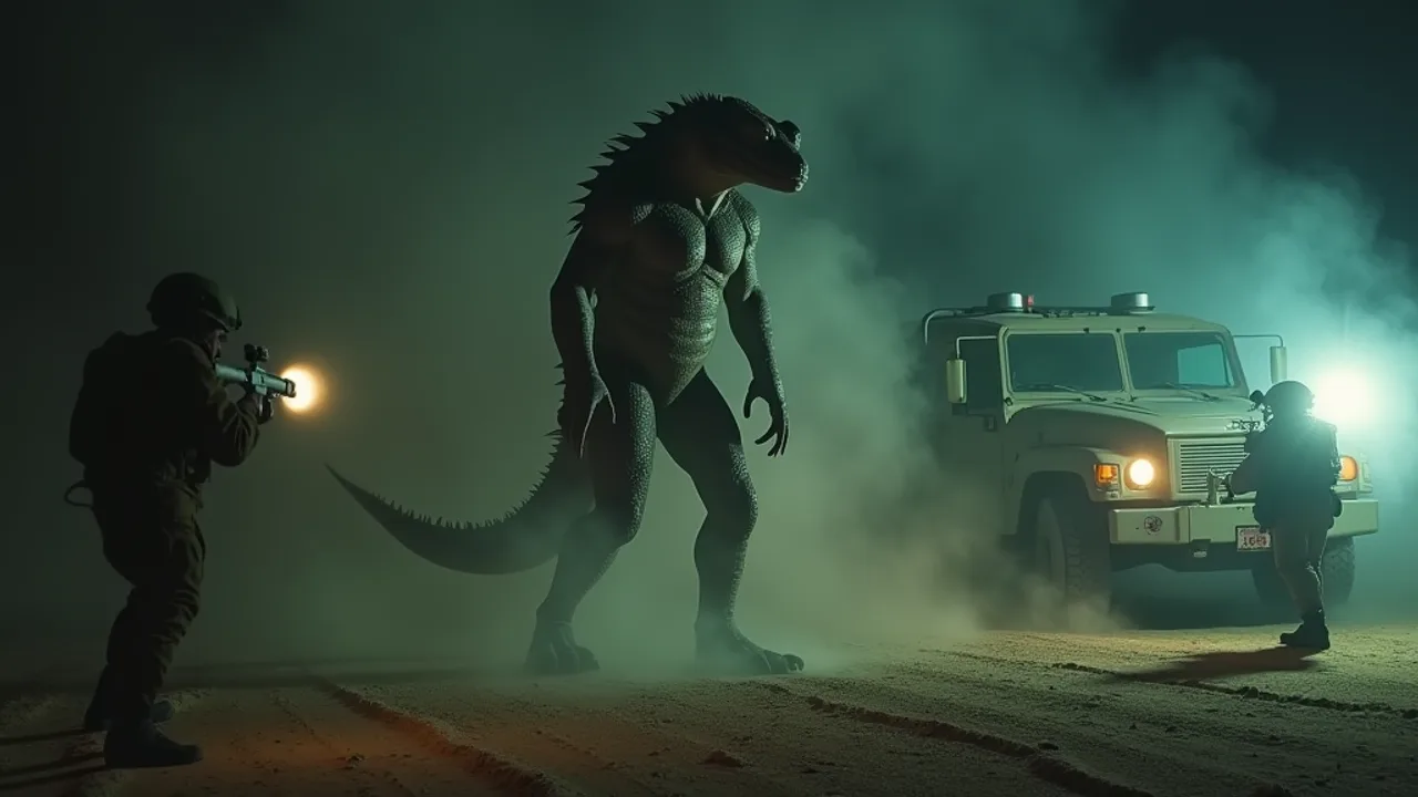 AI reconstruction: a seven-foot scaly bipedal reptile figure in smoke at a night crash site, soldiers firing rifles beside a military truck
