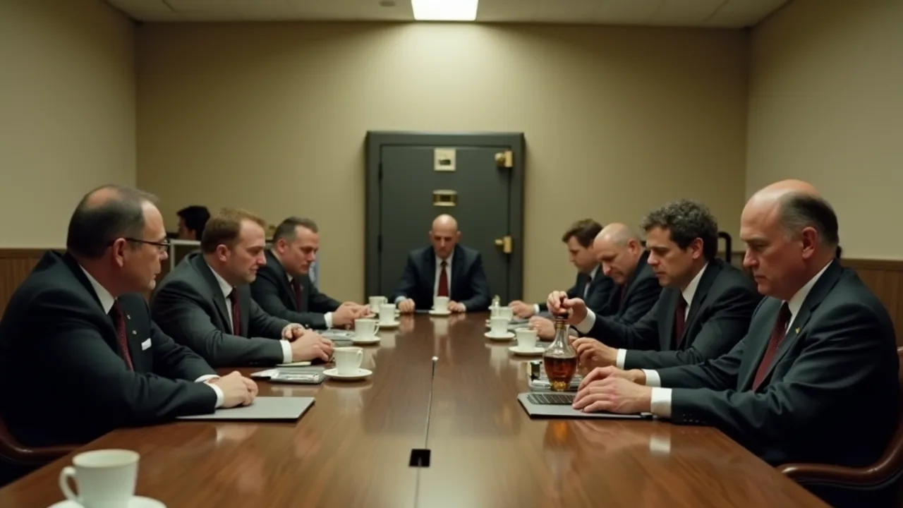 AI illustration: a windowless conference room with a vault door, staffers in suits around a long table, a whiskey decanter among the coffee cups