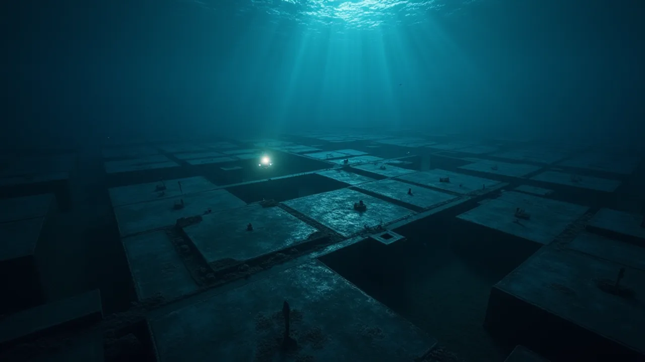 AI illustration: a vast grid of low dark structures spread across the deep seabed, a single small light of a submersible among them