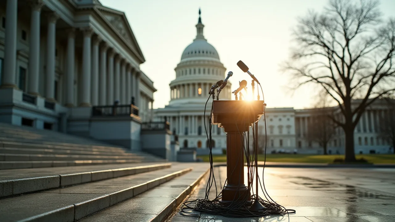 An empty cluster of news microphones set up on the US Capitol steps in early morning light before a press conference, no people present yet, a sense of anticipation