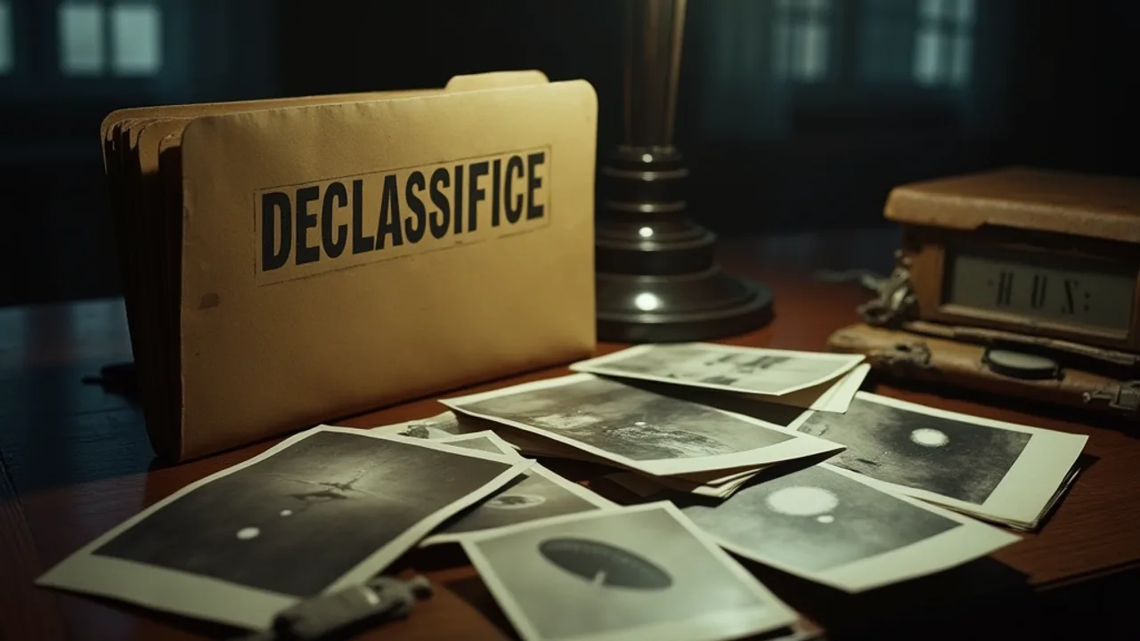 A government manila file folder stamped DECLASSIFIED spilling grainy black and white photographs of unidentified aerial objects and orbs across a desk