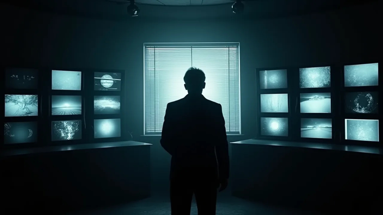 A lone figure in a dark television control room, banks of monitors all showing the same emergency broadcast as a strange light glows through the window