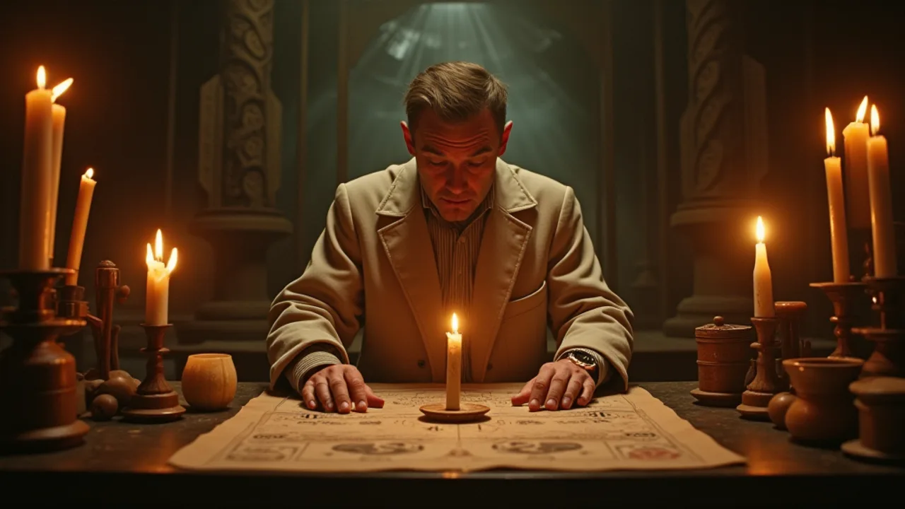 A 1940s rocket scientist performing an occult ritual in a candlelit desert laboratory surrounded by arcane symbols and rocketry blueprints, dramatic c