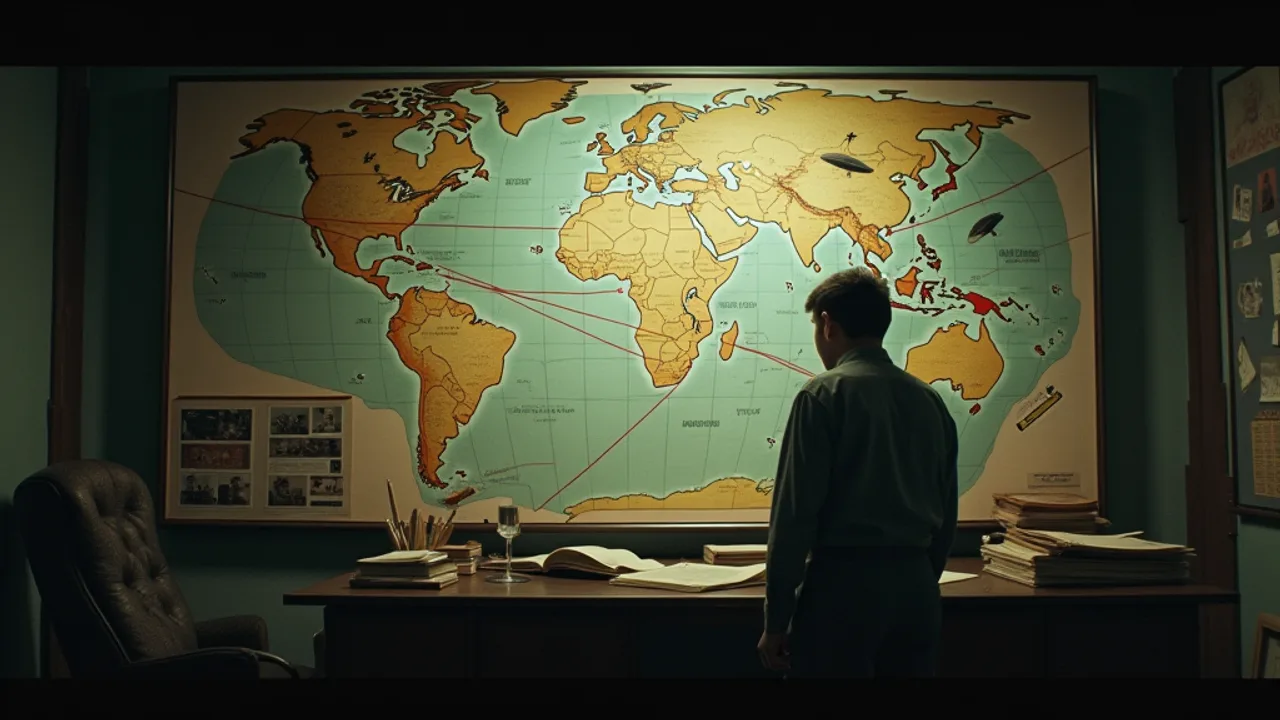 A lone scientist in a dim 1970s study examining a wall covered with maps, folklore illustrations and UFO photographs connected by red string, contempl