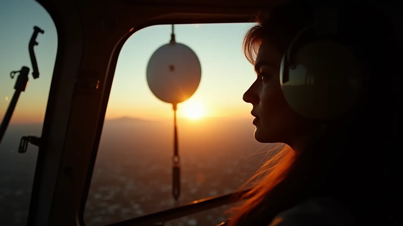 A helicopter pilot gazing out the cockpit window at sunset at a pale rounded craft suspended on a line beneath the aircraft, warm golden light, cinematic