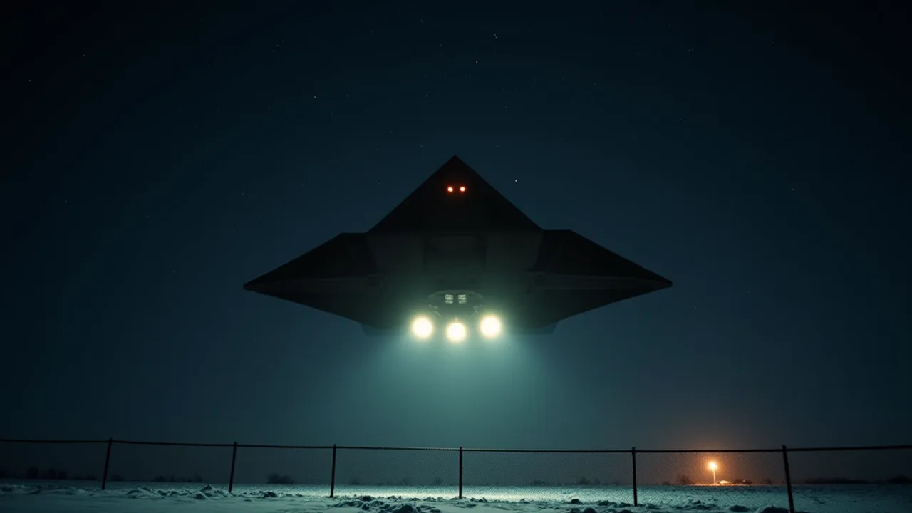 AI illustration: a black triangular craft with three bright lights on its underside hovering at night over a fenced snowfield, a single orange security light in the distance