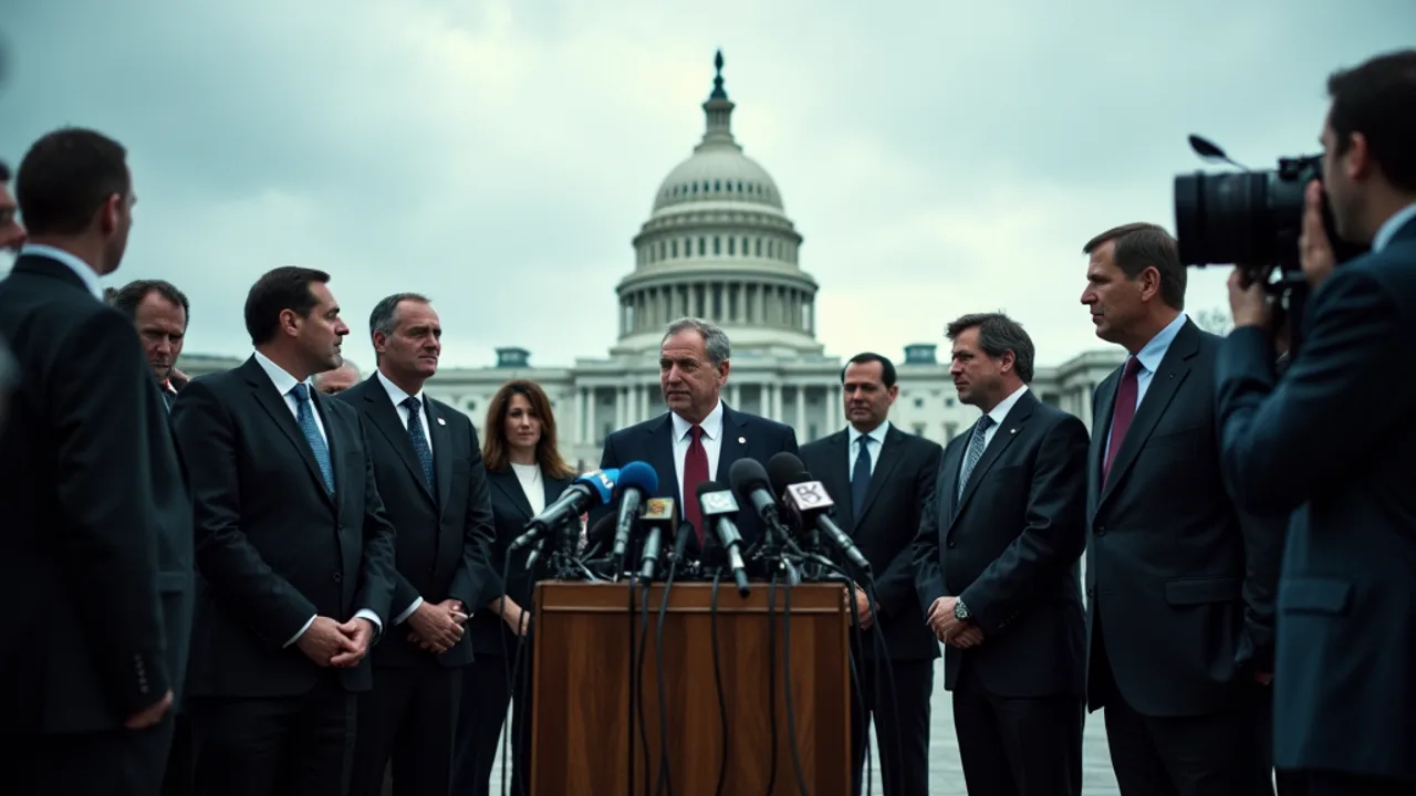 Lawmakers and a former intelligence officer at a cluster of microphones on the US Capitol steps, reporters in the foreground, overcast sky