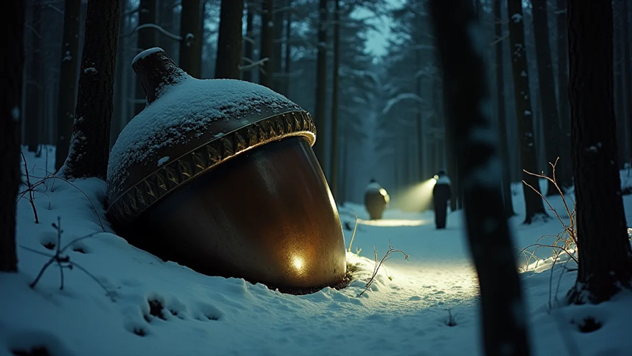 A large bronze acorn-shaped object with a raised band of strange markings half buried in a dark snowy Pennsylvania forest at night, flashlight beams approaching