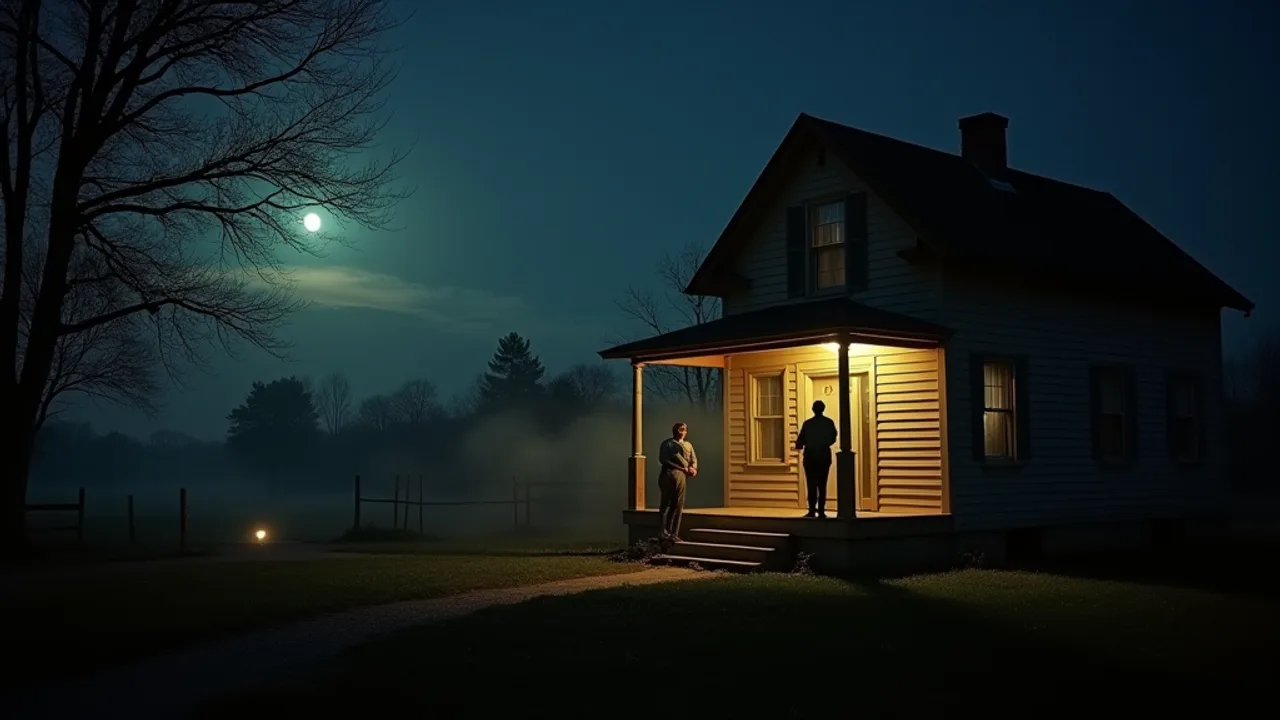 A small 1955 Kentucky farmhouse at night seen from the dark yard, porch light burning, two farmers on the steps firing shotguns into the treeline, muz