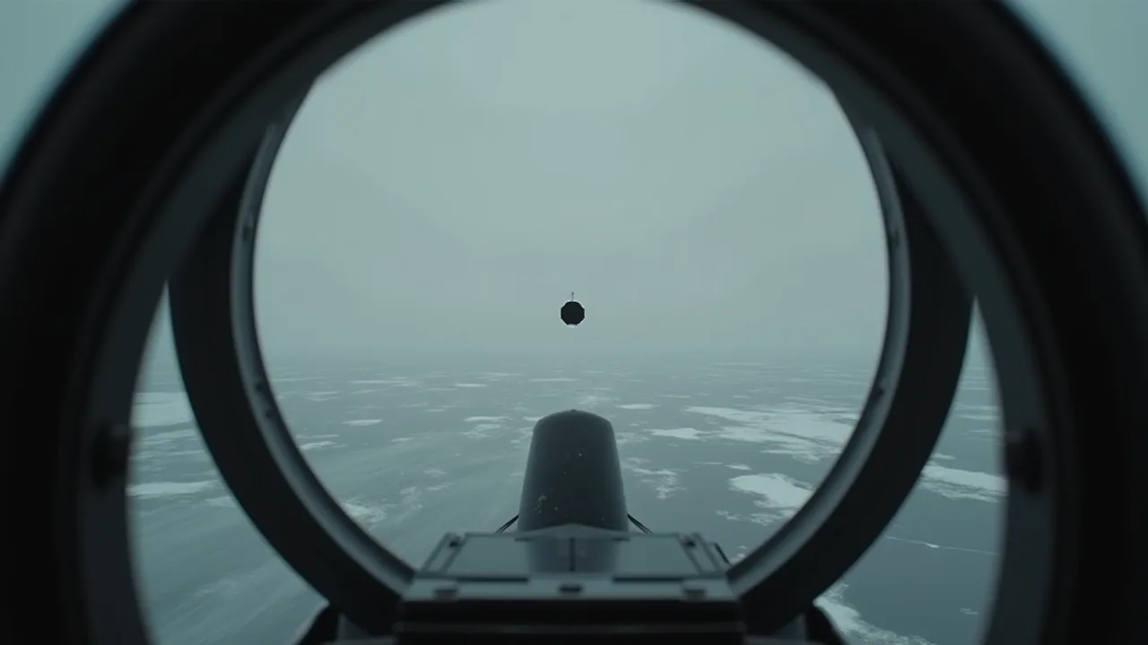 A cockpit infrared targeting view of a small octagonal object against a cold grey sky over a frozen Great Lake, F-16 gun-camera aesthetic, monochrome