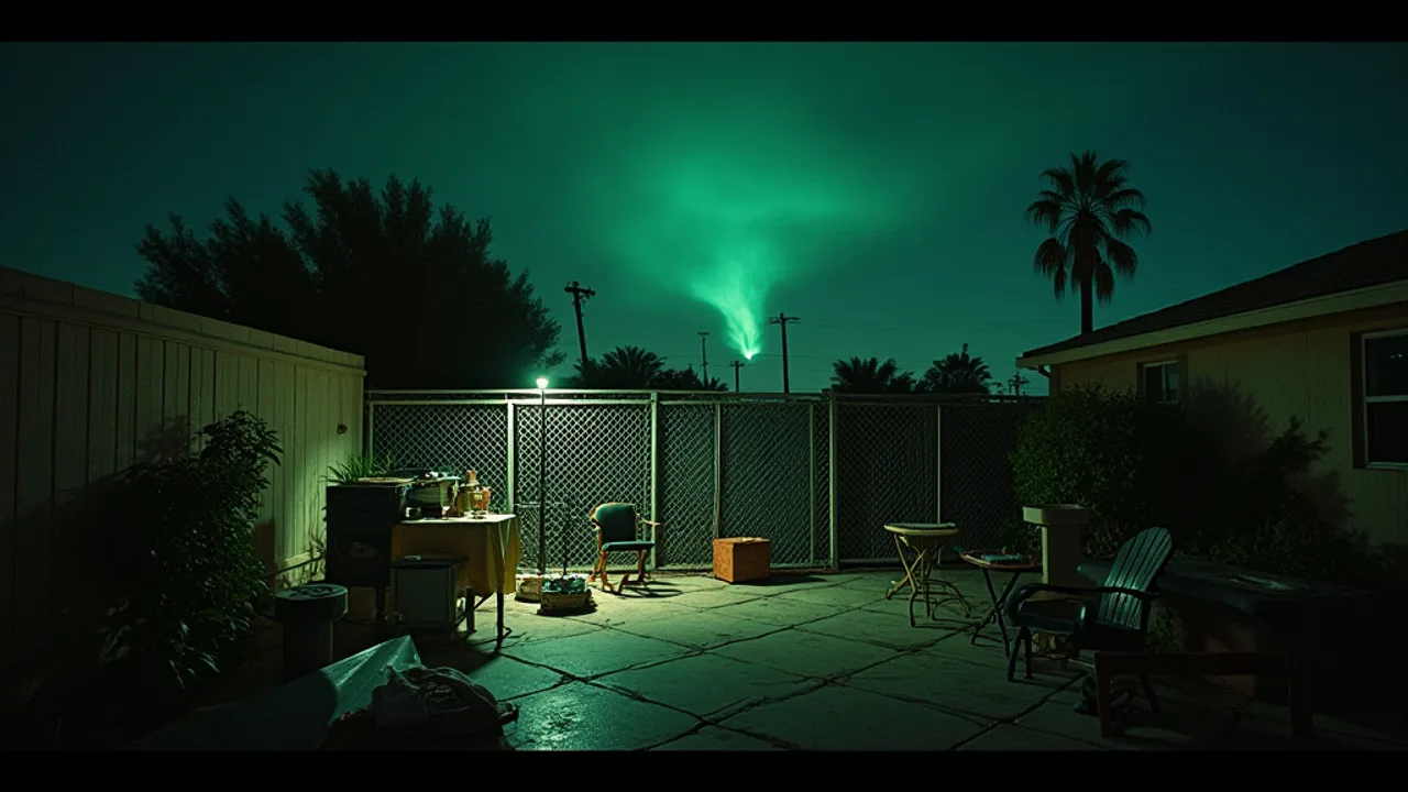 A cluttered suburban Las Vegas backyard at night viewed through a police body-camera lens, chain-link fence and patio junk lit by a harsh handheld lig
