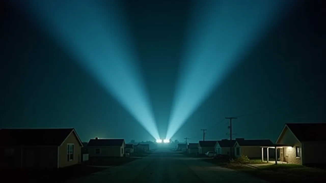 A perfect V-formation of glowing blue-white lights streaking across a deep night sky above 1951 small-town Texas rooftops, vintage photograph, eerie