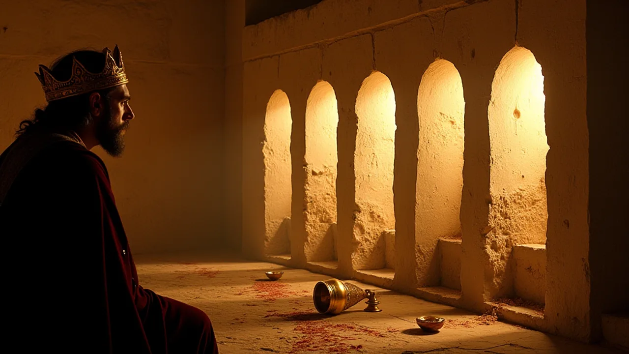 A crowned king in a dark red robe seated in shadow, turned toward a lamplit plaster wall marked with burning light, an overturned gold cup and spilled wine on the floor