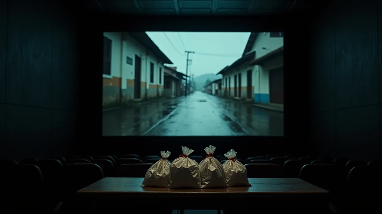 An empty screening room facing a lit screen showing a rain-soaked Brazilian small-town street, four sealed and unlabelled evidence bags sitting on a table in the dark foreground
