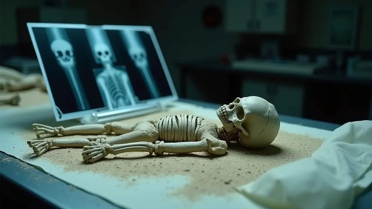 A small three-fingered humanoid mummy with an elongated skull lying on an examination table covered in pale diatomaceous earth, x-ray films nearby, di